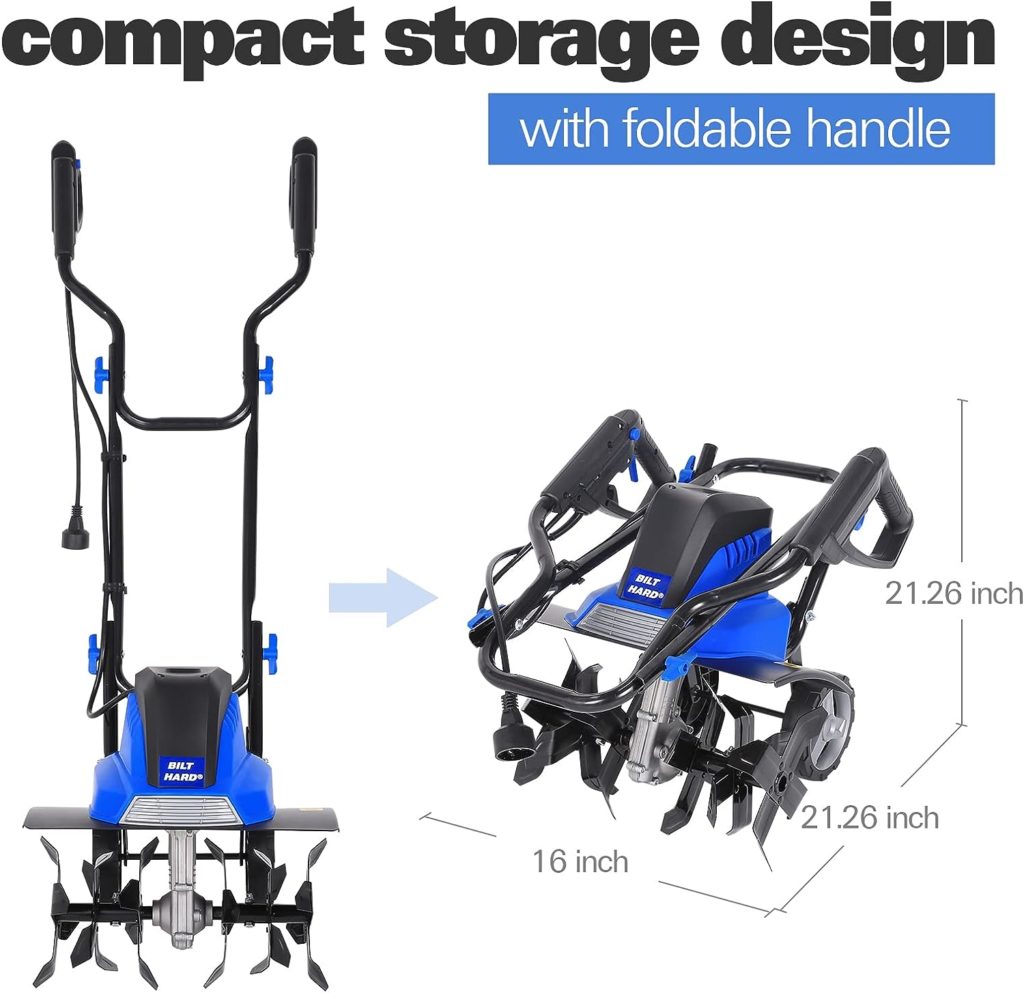 BILT HARD Tiller Cultivator 16 inch, 13.5 Amp 6 Steel Tines Tillers for Gardening Foldable, Electric Garden Rototiller with Adjustble Wheels