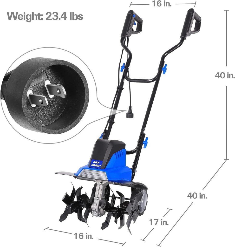 BILT HARD Tiller Cultivator 16 inch, 13.5 Amp 6 Steel Tines Tillers for Gardening Foldable, Electric Garden Rototiller with Adjustble Wheels