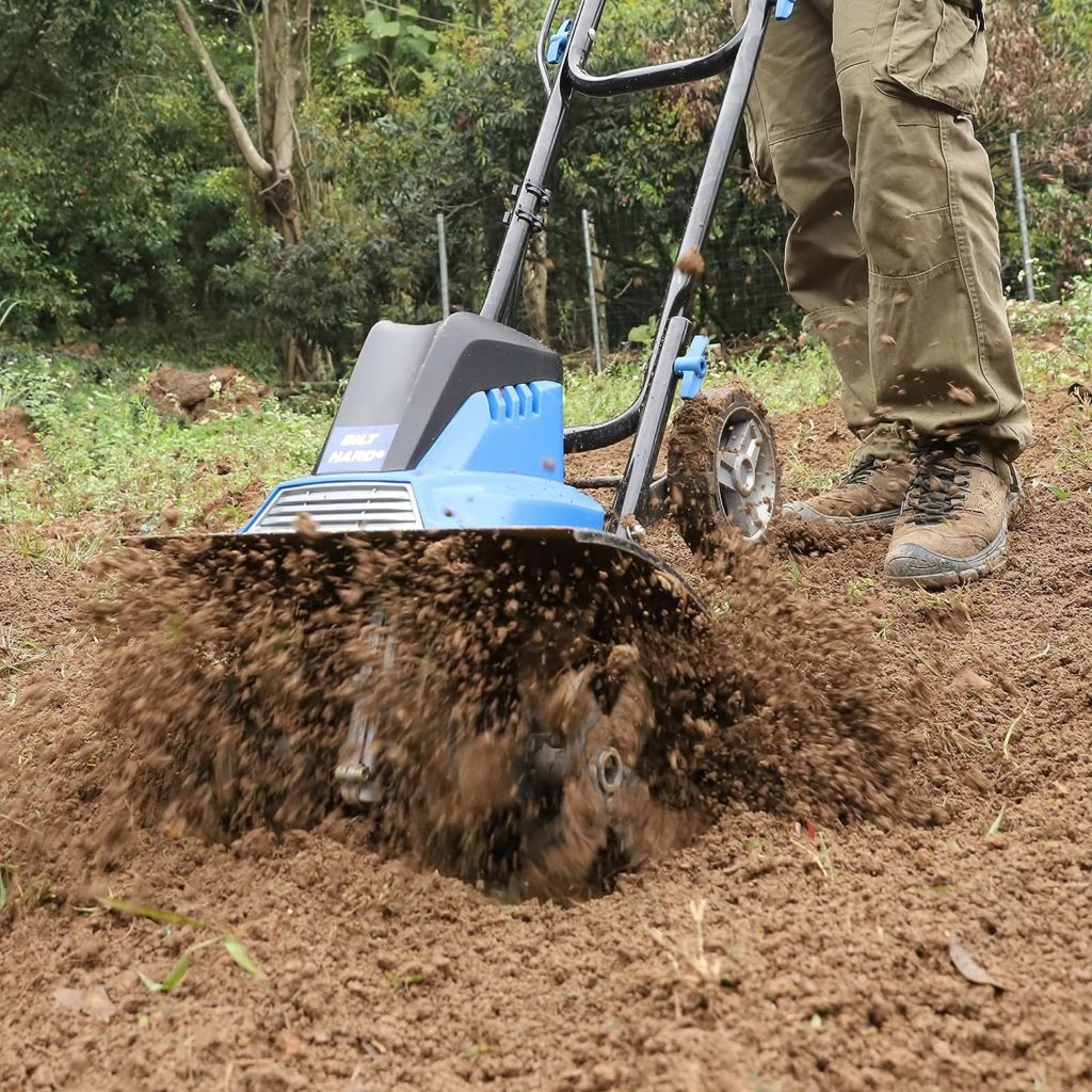 BILT HARD Tiller Cultivator 16 inch, 13.5 Amp 6 Steel Tines Tillers for Gardening Foldable, Electric Garden Rototiller with Adjustble Wheels