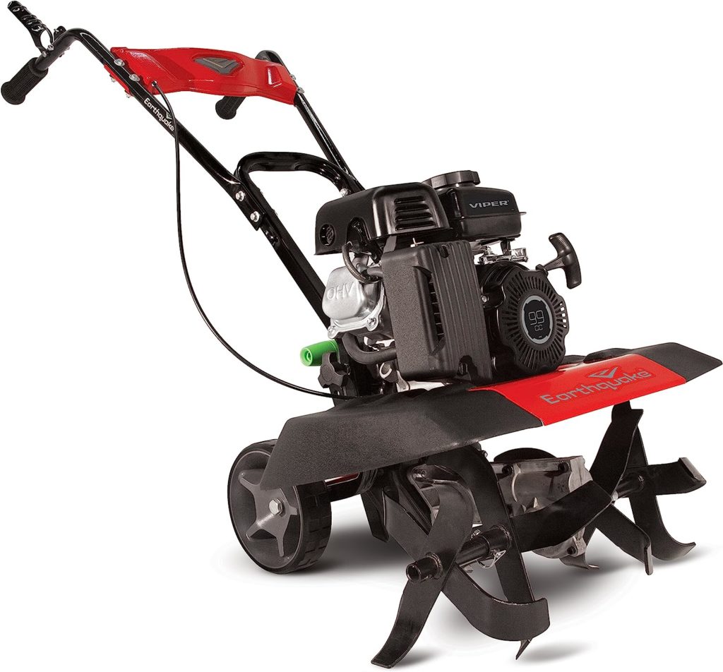 EARTHQUAKE 25780 Versa Front Tine 99cc 4-Cycle Viper Engine, 2-in-1 Tiller/Cultivator, Removable Side Shields, Toolless Adjustment, 5 Year Warranty, Red