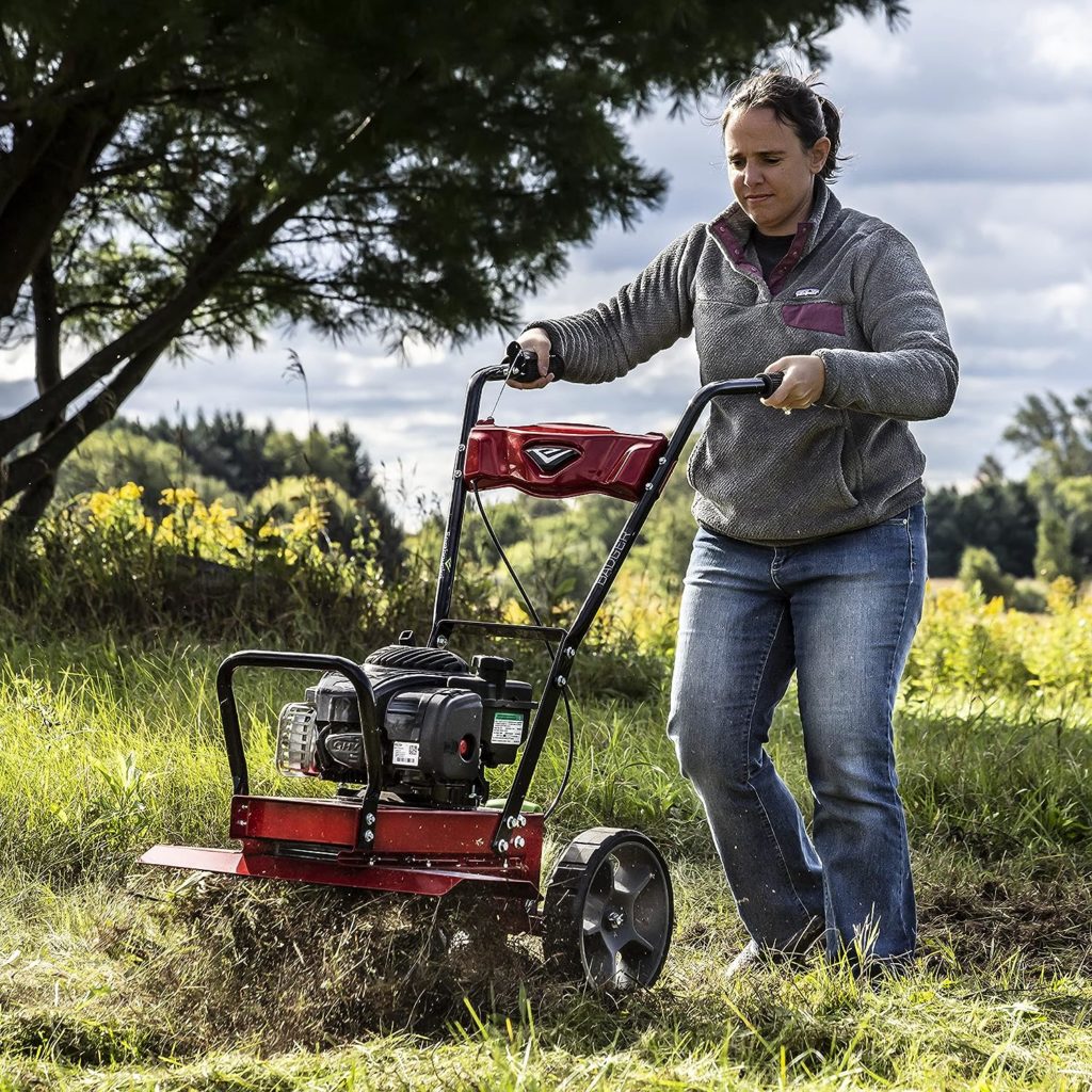 Earthquake Badger Front Tine Tiller, Powerful 140cc 4-Cycle Briggs and Stratton Engine, Two-Position Wheel Assembly, Adjustable Tilling Width, Model: 38040