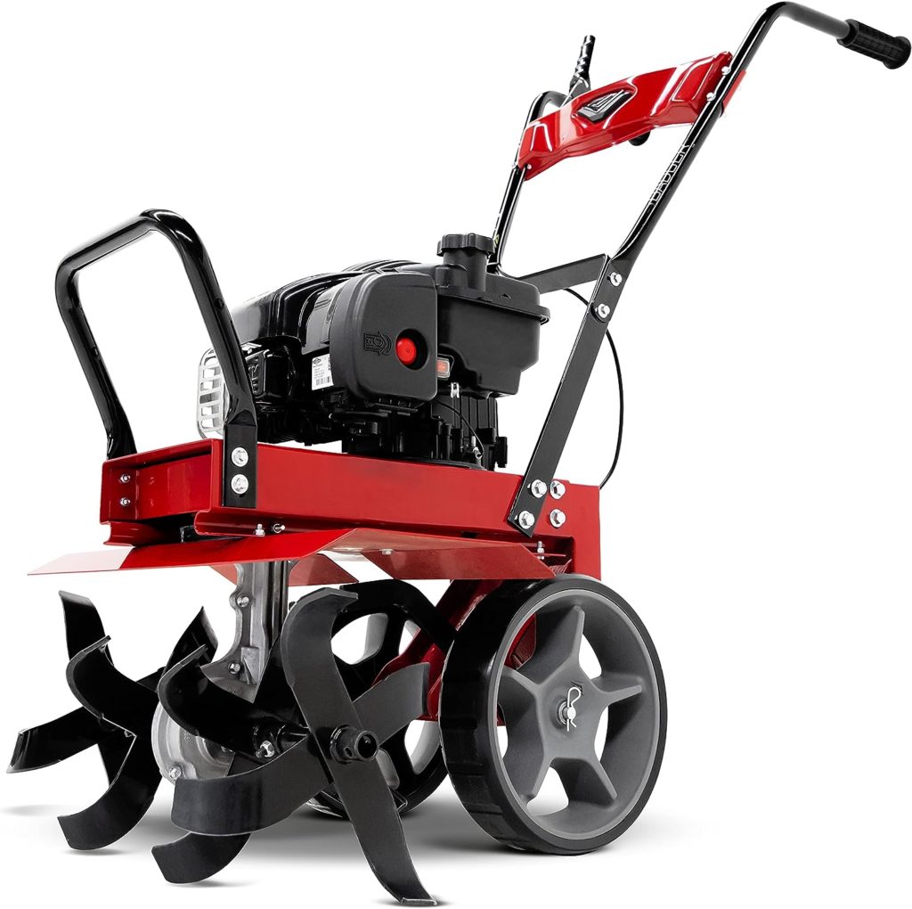 Earthquake Badger Front Tine Tiller, Powerful 140cc 4-Cycle Briggs and Stratton Engine, Two-Position Wheel Assembly, Adjustable Tilling Width, Model: 38040