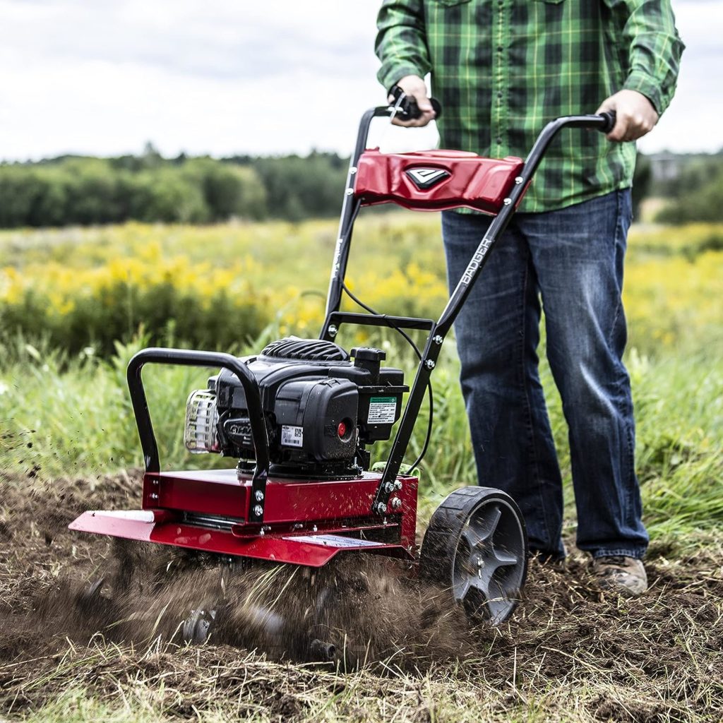 Earthquake Badger Front Tine Tiller, Powerful 140cc 4-Cycle Briggs and Stratton Engine, Two-Position Wheel Assembly, Adjustable Tilling Width, Model: 38040