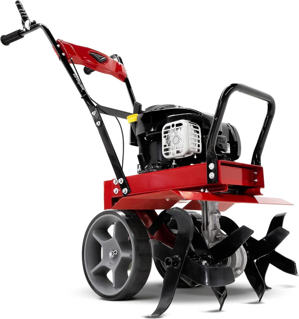 Earthquake Badger Front Tine Tiller, Powerful 140cc 4-Cycle Briggs and Stratton Engine, Two-Position Wheel Assembly, Adjustable Tilling Width, Model: 38040