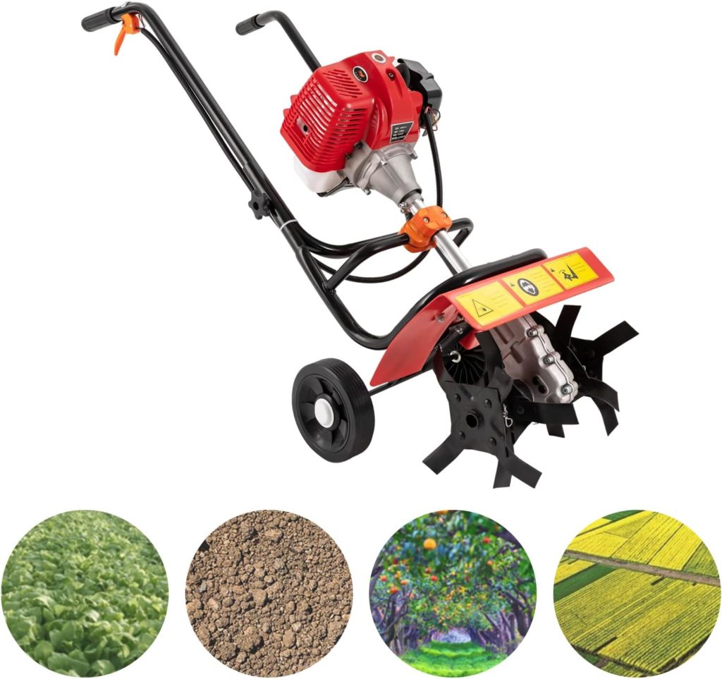 Mini Tiller Cultivator, Air-Cooled 52CC 2HP 2-Stroke Gasoline Engine Rototiller,Hand-Push Micro Tillage Ripper for Garden Lawn, Digging, Weed Removal,Soil Cultivation(1F44F-5 Engine)