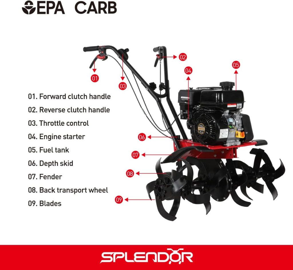 SPLENDOR Gas Powered Tiller 4 Cycle Engine 212CC Working Width Adjustable 13in-22in-33.5in