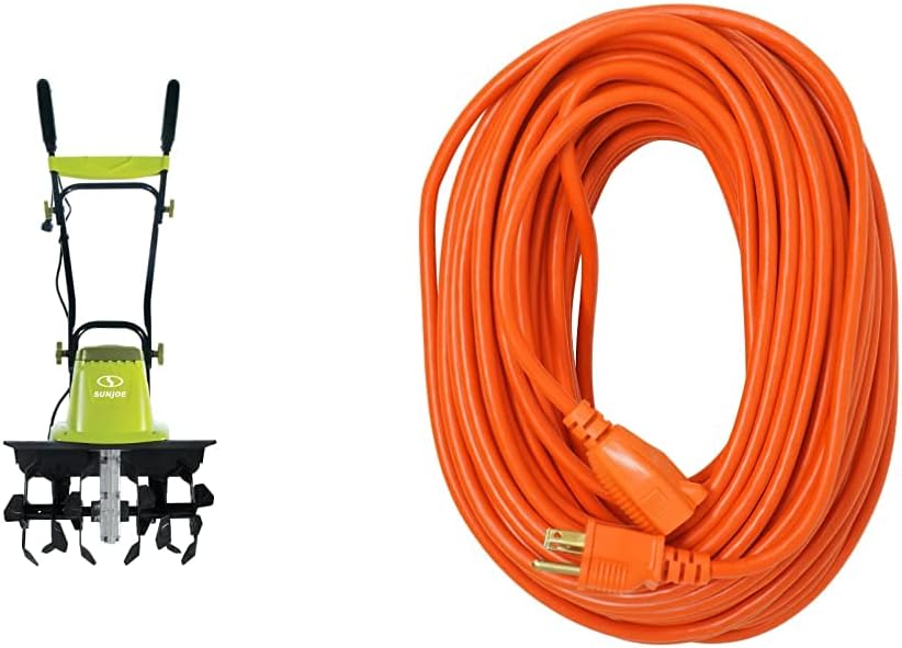 Sun Joe TJ603E 16-Inch 12-Amp Electric Tiller and Cultivator, Green Coleman Cable 23098803 02309 16/3 Vinyl Outdoor Extension Cord, Orange, 100-Feet