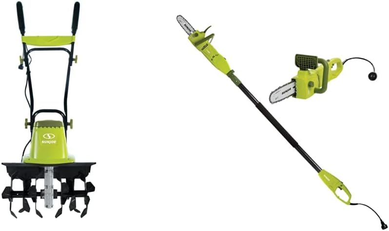 Sun Joe TJ604E 16-Inch 13.5 AMP Electric Garden Tiller/Cultivator,Black SWJ806E 8-Inch 8.0 Amp 2-in-1 Convertible Pole Chain Saw, Green