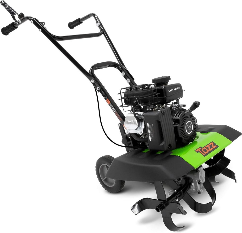 Tazz 35310 2-in-1 Front Tine Tiller/Cultivator, 79cc 4-Cycle Viper Engine, Gear Drive Transmission, Forged Steel Tines, Multiple Tilling Widths of 11”, 16” 21”, Toolless Removable Side Shields,Green