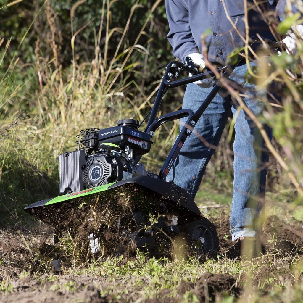 Tazz 35310 2-in-1 Front Tine Tiller/Cultivator, 79cc 4-Cycle Viper Engine, Gear Drive Transmission, Forged Steel Tines, Multiple Tilling Widths of 11”, 16” 21”, Toolless Removable Side Shields,Green