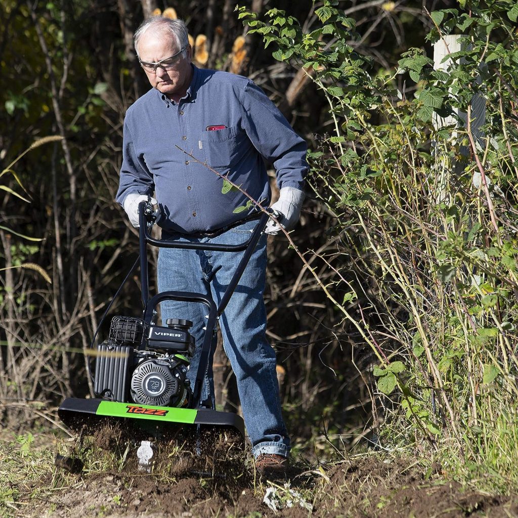 Tazz 35310 2-in-1 Front Tine Tiller/Cultivator, 79cc 4-Cycle Viper Engine, Gear Drive Transmission, Forged Steel Tines, Multiple Tilling Widths of 11”, 16” 21”, Toolless Removable Side Shields,Green