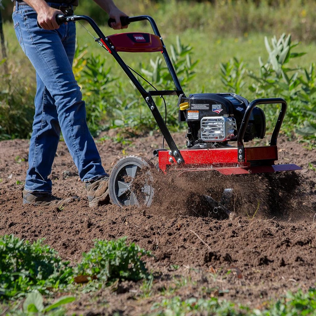 Toro 58602 Full Size Front Tine Tiller, 163cc Briggs Stratton 4-Cycle Engine, Adjustable Tilling Width Up to 21, Variable Wheel Settings,