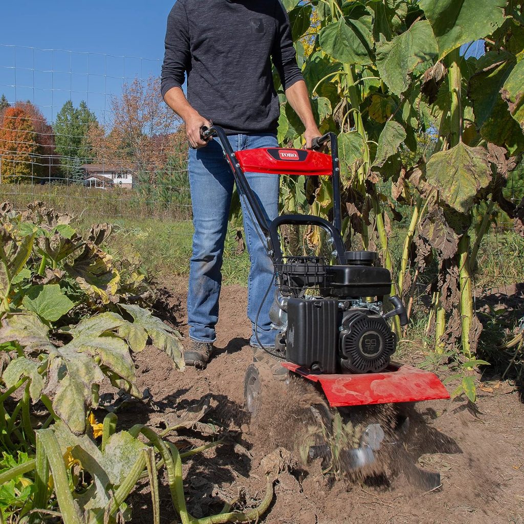 Toro 58604 Compact Front Tine Tiller, 99cc 4-Cycle Engine, 11, 16 or 21 Inch Adjustable Tilling Width, 11 Max Tilling Depth, Removable Side Shields